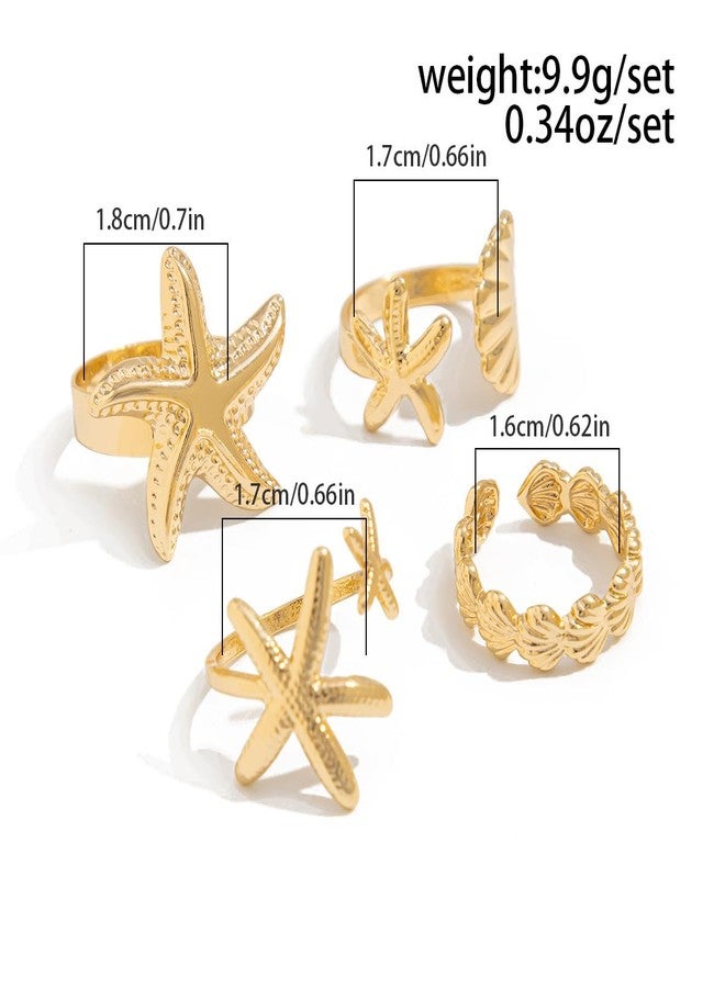 KURTCB Seashell Starfish Rings Set Gold Silver Summer Beach Surfer Conch Stacking Rings Beachy Jewelry for Women 4PCS (Gold) - Image 3